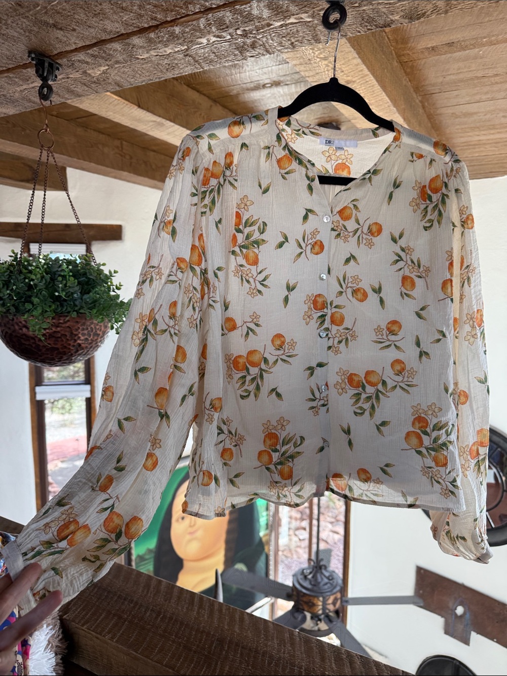 DR2 Cream Button-Front Blouse with Orange Floral Print